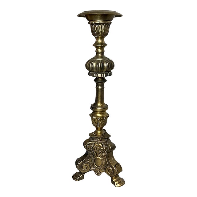 Antique Brass Gothic Church Candlestick – Chapel/Monastery Altar Candle Holder With Lion Paw Feet For Sale