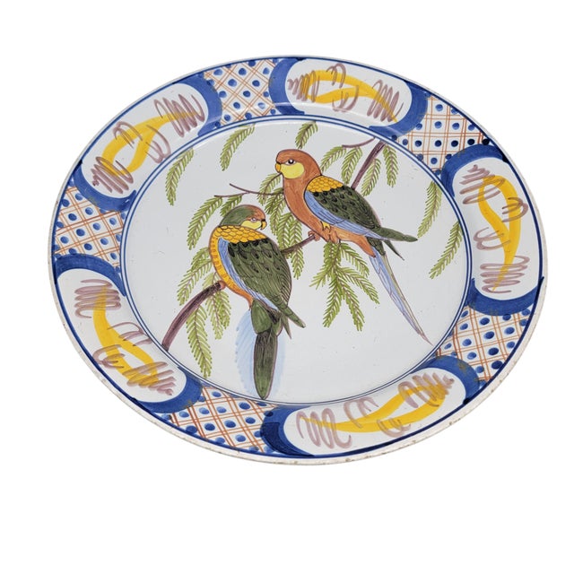 Ceramic C1890 French Faience Delftware Polychrome Charger With Parrot Motif Tin Glazed Earthenware Shallow Bowl Wall Decor Plate For Sale - Image 7 of 8