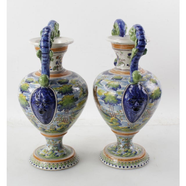 Italian Antique Italian Majolica Italian Blue and Green Two Handled Urns - A Pair For Sale - Image 3 of 18