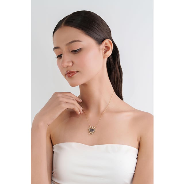 Blue Sapphire Diamond Sacred Heart Sunburst Pendant Necklace in 14k Yellow Gold For Sale - Image 9 of 16