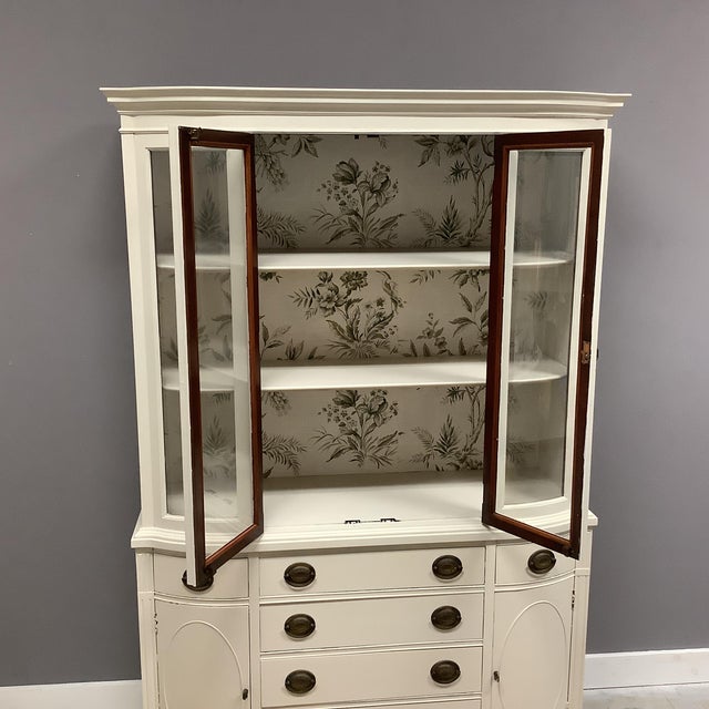 Off-white Painted Canvas Off White Wood China Cabinet Drexel Floral Bird Wallpaper Backing For Sale - Image 8 of 12