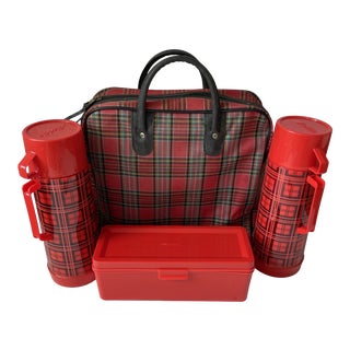 Vintage Aladdin Thermos Plaid Bottle & Bag Set- 4 Pieces For Sale