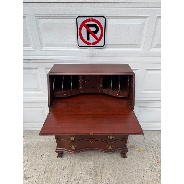 Vintage Chippendale Style Mahogany Secretary Desk With Serpentine Drawers, Ball and Claw Feet & Drop Front For Sale - Image 9 of 12