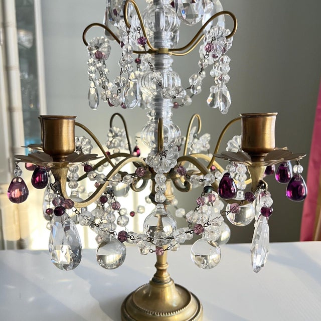 1920s Beautiful 5-arm French Girandole crystal candelabra with purple accents // table chandelier // brass and crystal candle holder // amethyst For Sale In Kansas City - Image 6 of 12