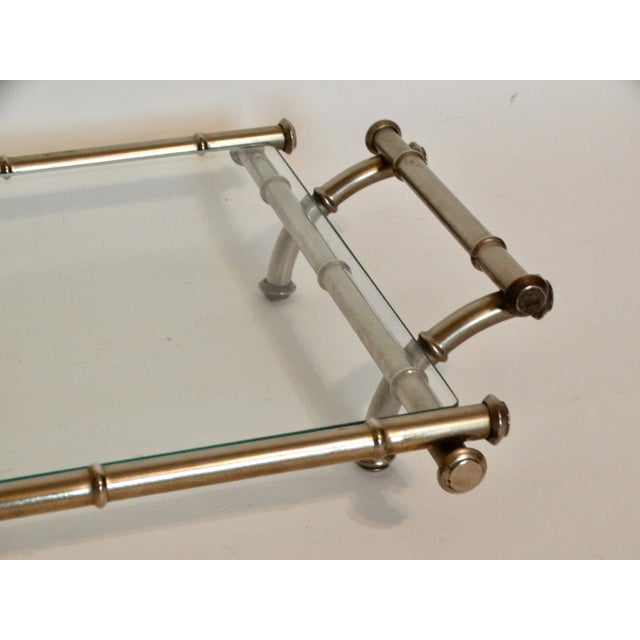 Silver Mid Century Modern Silver & Glass Faux Bamboo Serving Drinks Cocktail Tray For Sale - Image 8 of 12