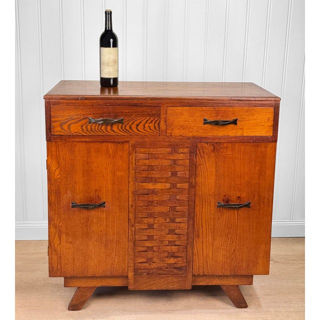 A Farmhouse Oak Basket Weave Motif Buffet Server, c.1940's - Transitional Art Deco into Mid-Century Style - Very Unique &...