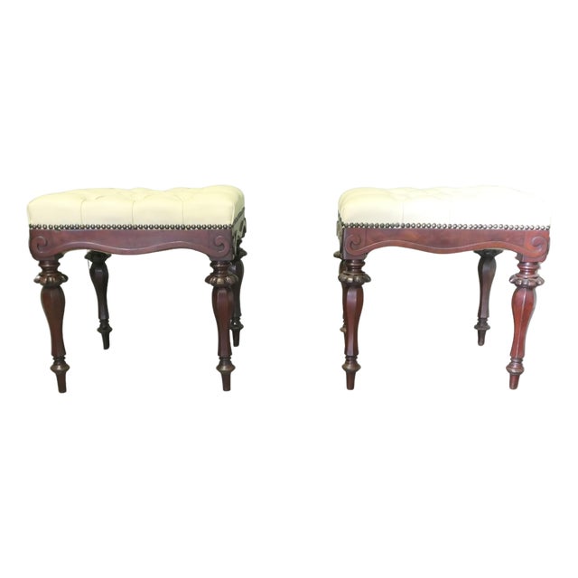 Chesterfield Stools in Buttoned Leather and Walnut, Set of 2 For Sale