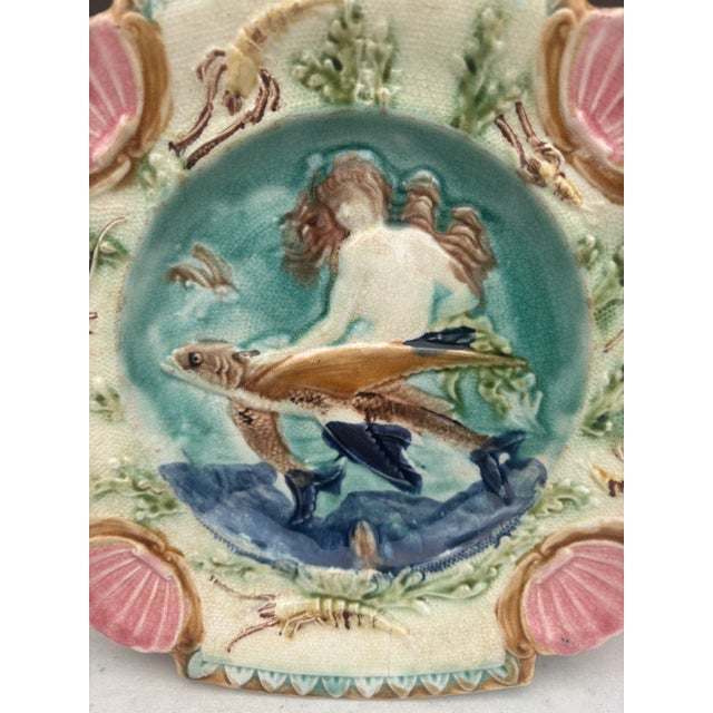 Nautical 19th Century Square Majolica Mermaid Wall Plate Nimy Les Mons For Sale - Image 3 of 5