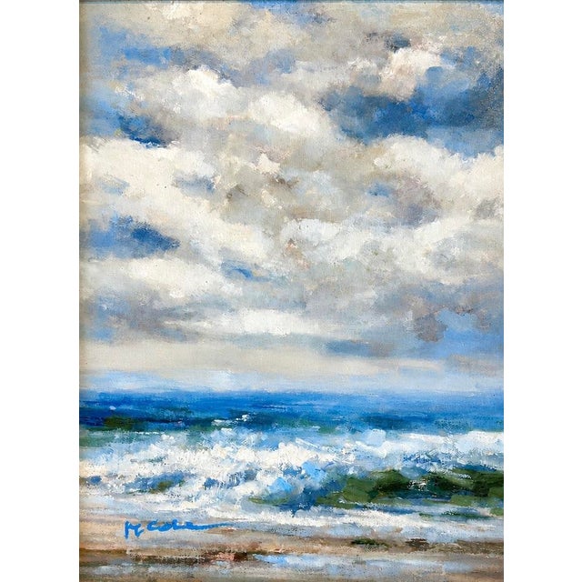 Original oil painting of a dramatic coastal scene under brooding, cloud-filled skies. Signed by the talented artist H....