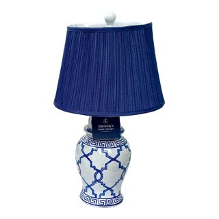 1990s Blue & White Ginger Jar Table Lamps W/Shades by Brooks Brothers For Sale