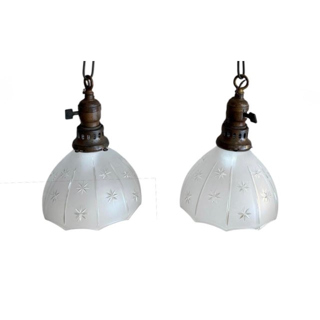 Brass Antique Starburst Wheel Cut Hanging Pendant Lights - a Pair For Sale - Image 8 of 10