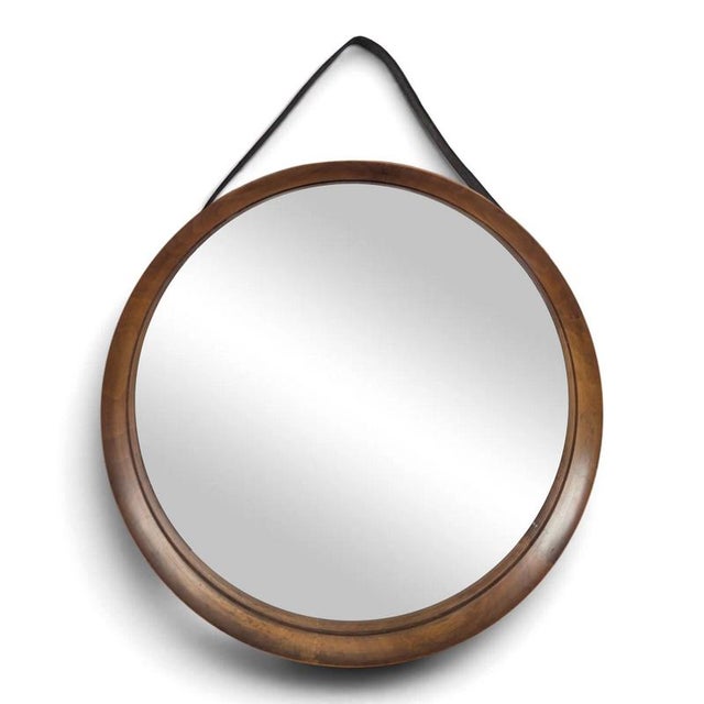 Glass Round Mirror in Teak and Leather Luxus Vittsjö by Uno and Östen Kristiansson, 1960s For Sale - Image 7 of 7