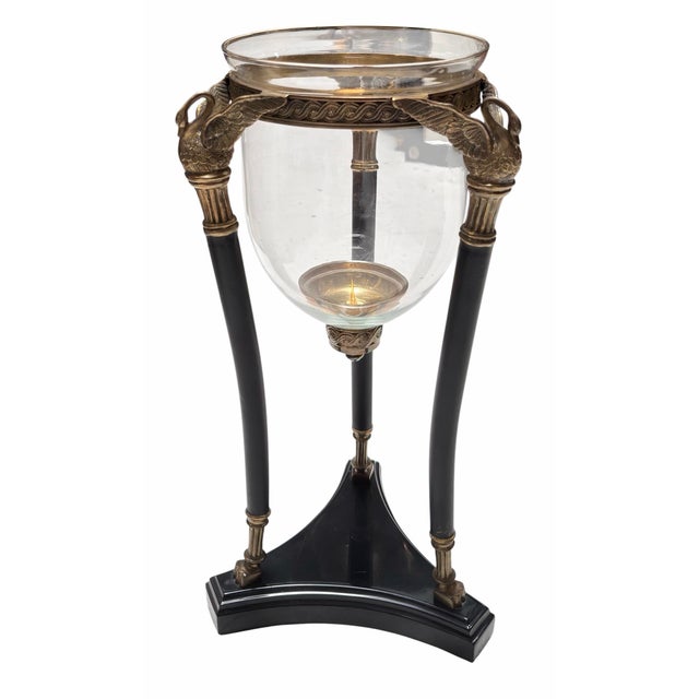 Pair of French Empire Style Bronze Swan & Glass Hurricane Lamp Candle Holders For Sale In Los Angeles - Image 6 of 9