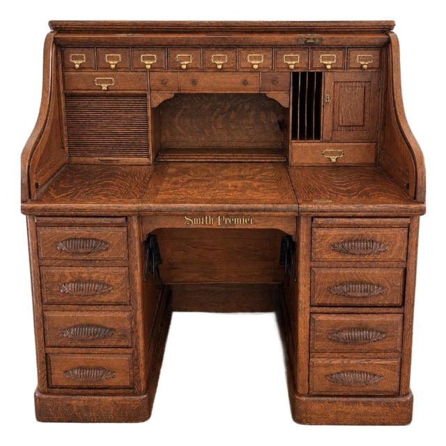 Very Special Antique Smith Premier Roll Top Desk | Quarter Sawn Oak Typewriter Desk | Victorian Office Furniture For Sale