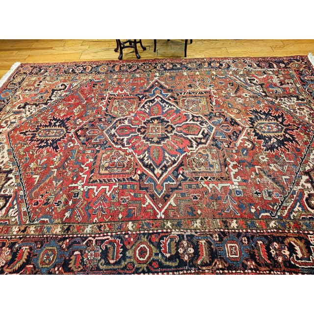 Vintage Persian Heriz Rug, Hand-Knotted Wool, Geometric Medallion Pattern, Red & Navy, 9x12 For Sale - Image 9 of 18