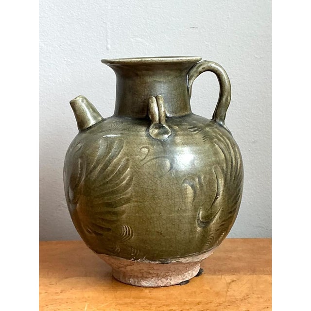 Green Vintage Sculptural Green Ceramic Jug For Sale - Image 8 of 12