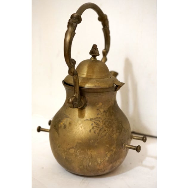 Antique Engraved Victorian Brass Hot Water Tea Kettle For Sale - Image 4 of 12