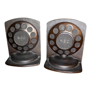 Pair of 1930s NBC Radio Western Electric Microphone Cast Metal Bookends For Sale