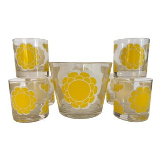 Vintage Colony Glass Flower Glasses and Ice Bucket Set For Sale