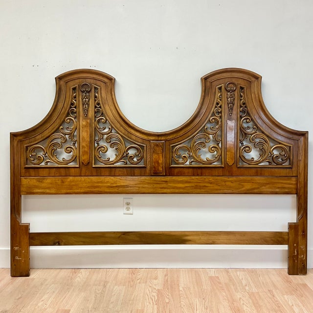 Mid-Century Modern 1968 Mid-Century Italian Mediterranean Thomasville King Headboard With Burlwood Accents For Sale - Image 3 of 12