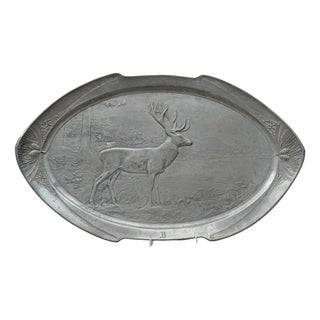 Art Nouveau Pewter Model 3142 Plate with Hunting Motif of Deer and Oak Leaves from Orivit, 1900s For Sale