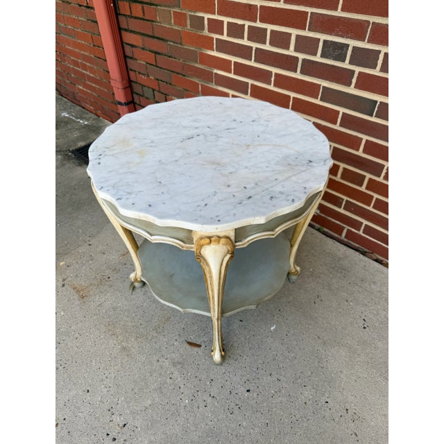 Vintage Hand-Painted Pale Blue & Marble Newly Painted Two-Tier Accent Table by Turtle and Crane - Italian Rococo Style For Sale - Image 10 of 13