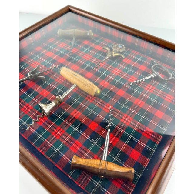 Vintage Framed Antique Corkscrew Collection on Tartan, One-of-a-Kind Yesteryear Los Angeles LTD Display For Sale - Image 9 of 11