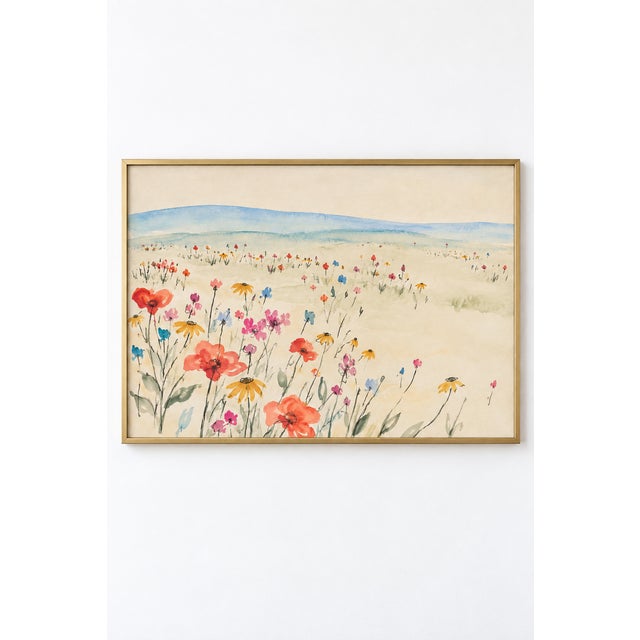 A colorful wildflower meadow stretches toward softly rolling hills in this airy floral landscape art print. Coral poppies,...