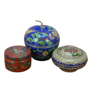 Mid 20th Century Set of 3 Chinese Cloisonne Enamel Keepsake Trinket Storage Boxes & Apple Candle For Sale