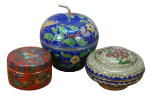 Mid 20th Century Set of 3 Chinese Cloisonne Enamel Keepsake Trinket Storage Boxes & Apple Candle