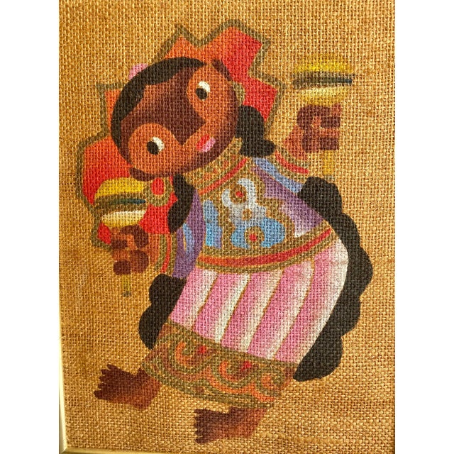 Charming pair of paintings on burlap from noted Mexican artist Jose de Servin. These are unsigned but in his unmistakeable...