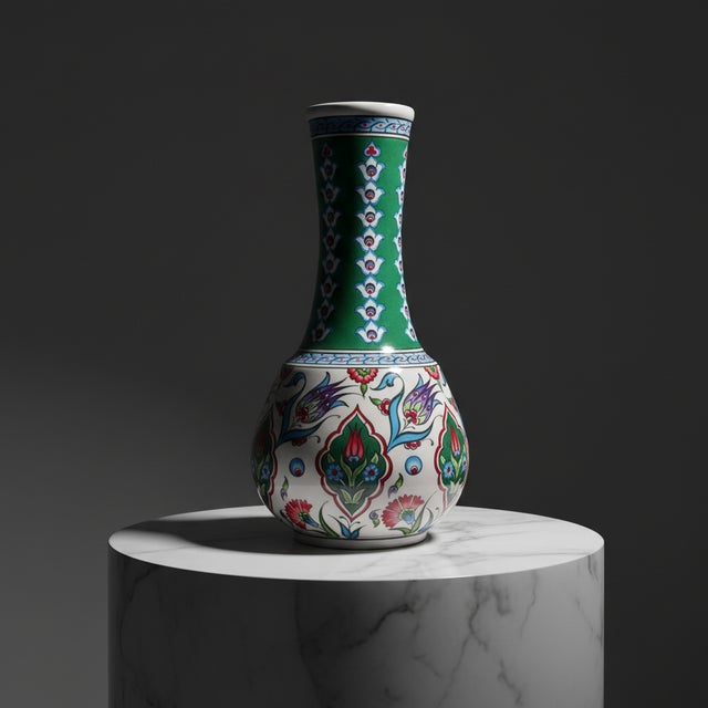 Ceramic Handmade Ceramic “Gonca” Vase (25cm) – Emerald Green Neck & Tulip Garden Pattern – Mediterranean Home Decor For Sale - Image 7 of 7