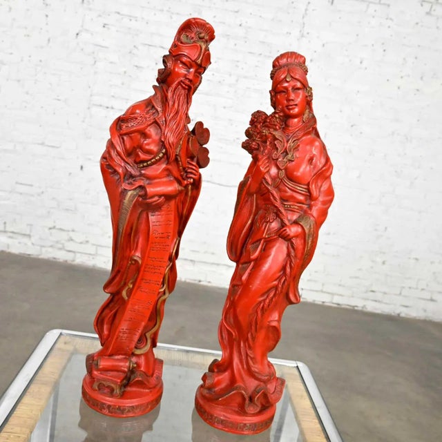 Red Vintage Asian Style Chinoiserie Faux Cinnabar Large Red Decorative Statues Male & Female For Sale - Image 8 of 13