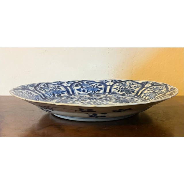 18th Century Antique 18th Century Chinese Kangxi Blue and White Porcelain Plate Decorated With Flowering Prunus Tree and Garden Fence For Sale - Image 5 of 11
