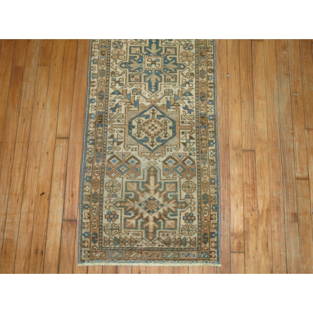 Late 20th Century Late 20th Century Narrow Rustic Persian Heriz Runner Ivory Brown Blue Tones For Sale - Image 5 of 6