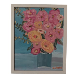 Modern, Abstract Folk Art Floral Acrylic Painting, “Grandma’s Flowers,” Signed, Dated For Sale