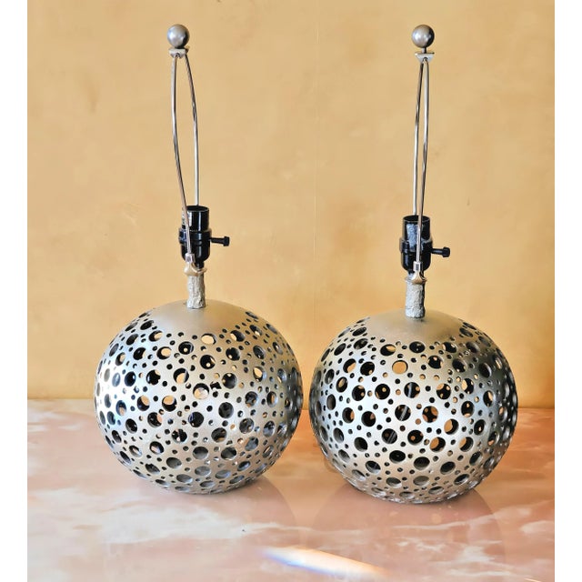 Pair of Pierced Pewter Globe Table Lamps With Shades For Sale - Image 9 of 18
