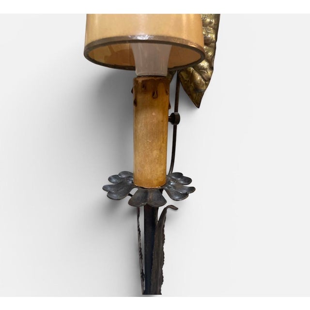 Art Nouveau Antique 1920s Wrought Iron Base With Brass Leaf For Sale - Image 3 of 6