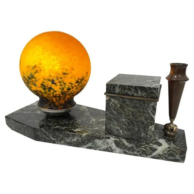 French Art Deco Marble Inkwell with Lamp, 1920 For Sale - Image 12 of 12