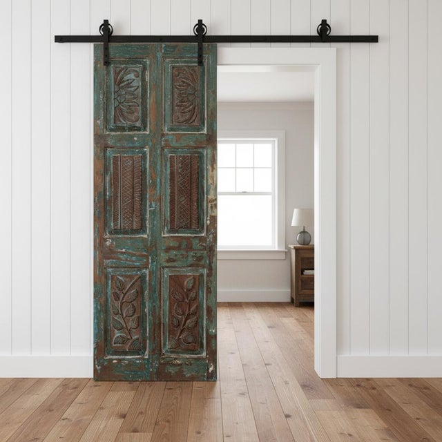 Antique Blue Floral Carved Sliding Barn Door – Handcrafted Statement Door 80x32 For Sale - Image 4 of 4