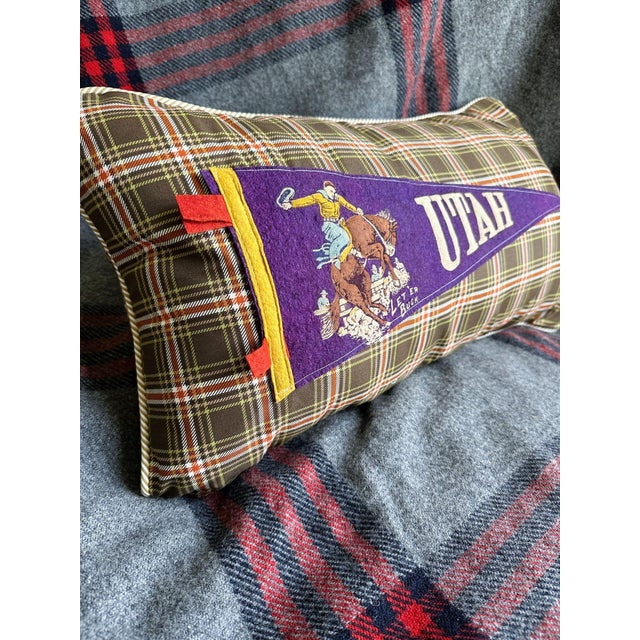 American Utah Rodeo Cowboy Vintage Pennant on New Woven Plaid Throw Pillow For Sale - Image 3 of 4