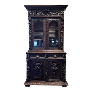 Antique French Normandy Hand Carved Oak Hutch – 19th Century Cabinet For Sale