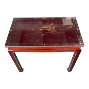 Late 20th Century Hand-Painted Chinoiserie Red Lacquered Side Table With Pull Out Trays