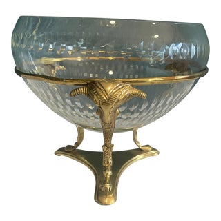 Hollywood Regency Brass Ram Head Footed Glass Bowl For Sale