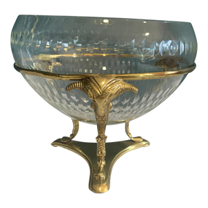 Hollywood Regency Brass Ram Head Footed Glass Bowl