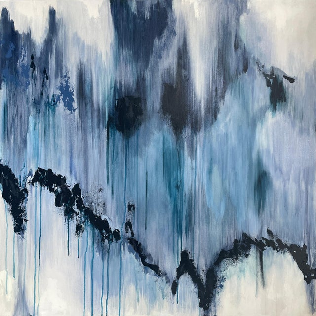 Large Indigo Blue and White Abstract Expression Textured Painting For Sale