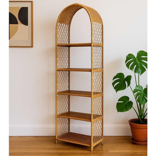 White Vintage 1970s Arched Rattan & Cane Étagère, Four-Tier Shelf For Sale - Image 8 of 18