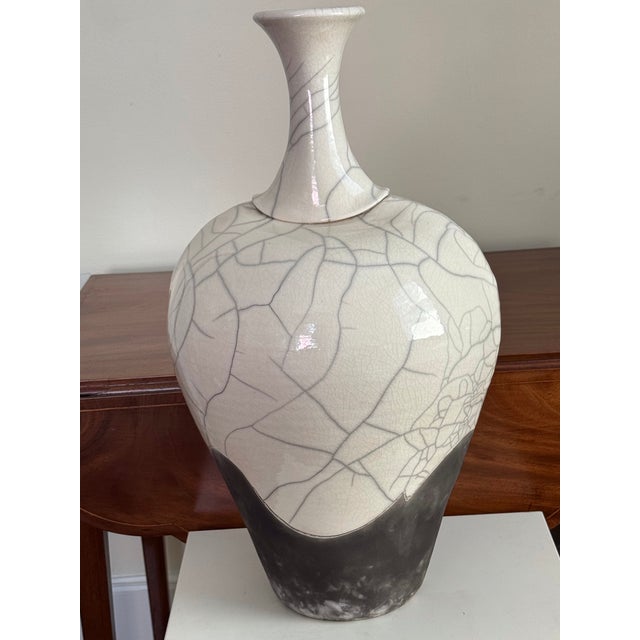 Ceramic Large Signed Kerry Gonzalez Raku Pottery Vase With Crackle & Smoke Glaze, 22" For Sale - Image 7 of 12