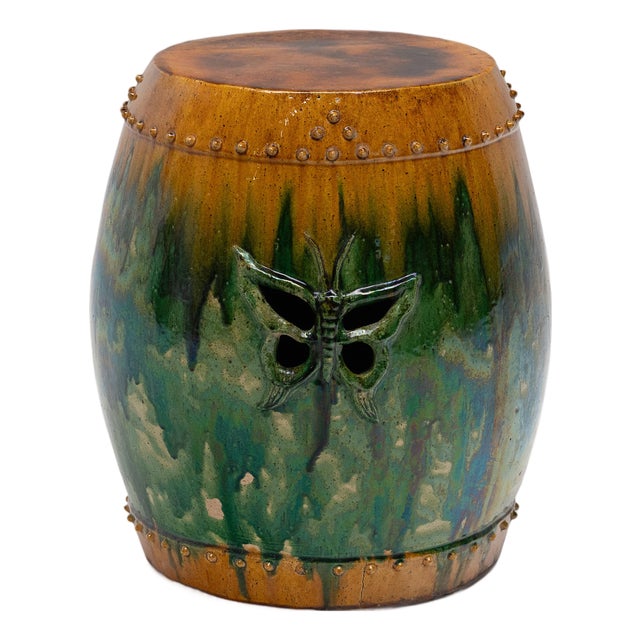 Chinese Sancai Butterfly Garden Drum, C. 1920 For Sale