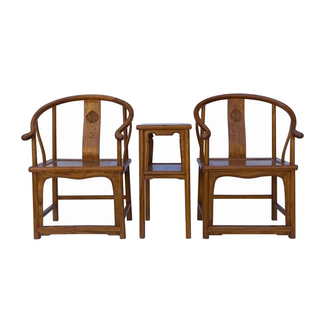 Wood Chinese Handmade Light Brown Horseshoe Armchair Table 3 Pieces Set For Sale - Image 7 of 7